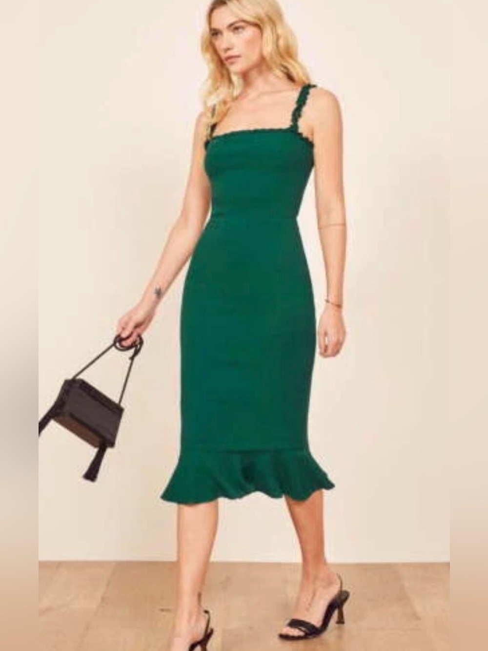 Reformation Wilshire Ruffle Sleeveless Bodycon Midi Dress Green Size 8